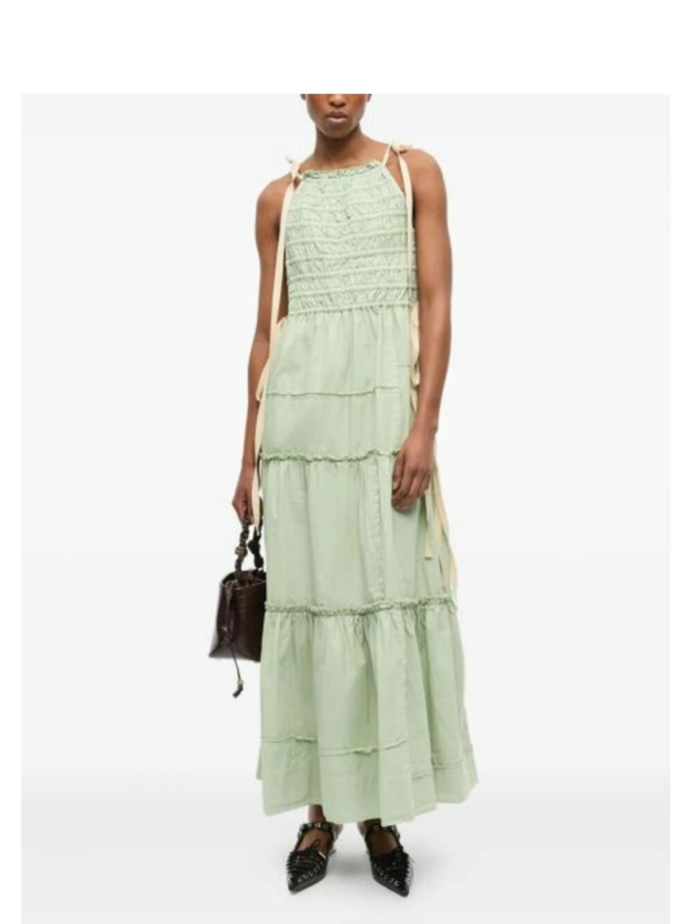 Ganni Sleeveless Smocked Maxi Dress Frosty Green Organic Cotton Size 36